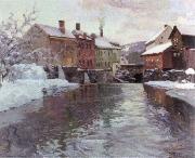 Frits Thaulow snow covered buildings by a river oil painting